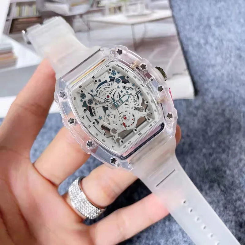Luxury Watch Rubber Strap - Tonneau модные кварцевые часы мужские прозрачные